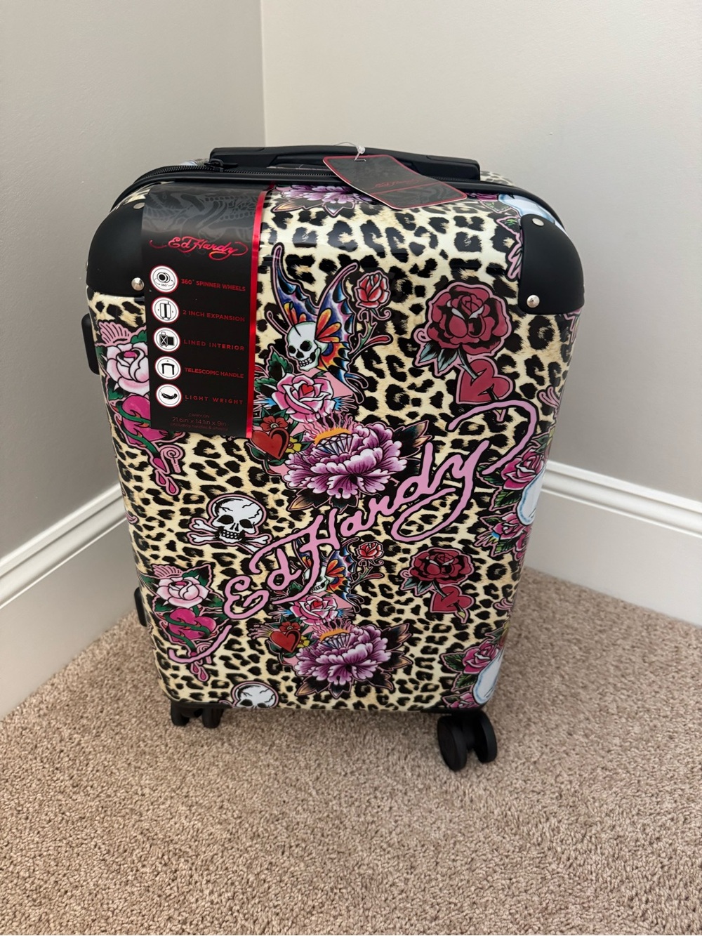 Ed Hardy Leopard & Floral 21” Carry-On Luggage - Pink, Black, Cream